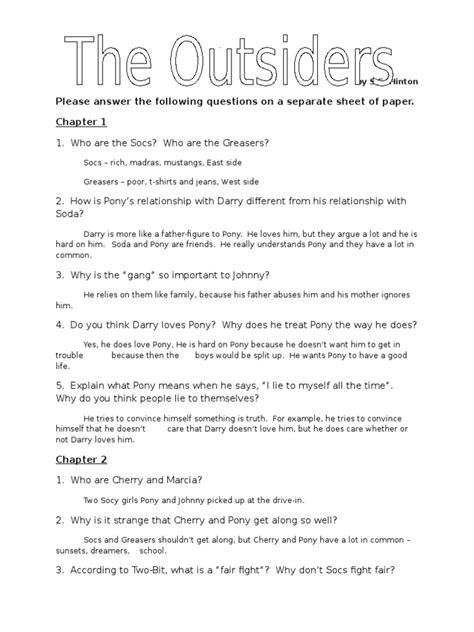 Outsiders Additional Chapter Questions Answer Key Kindle Editon