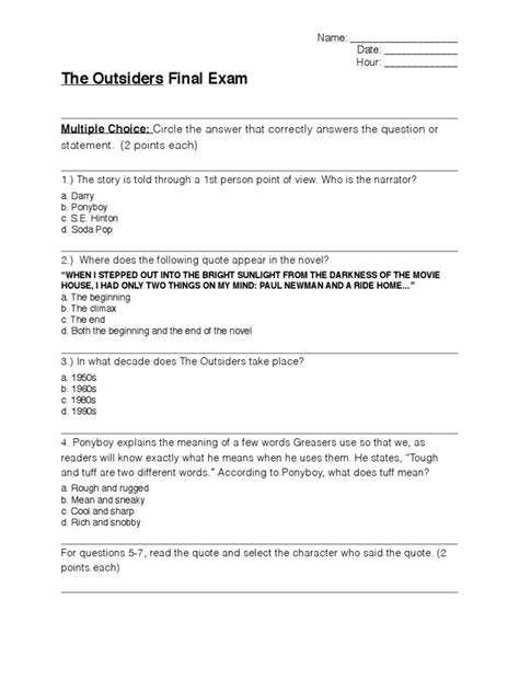 Outsiders Final Exam Multiple Choice Answers Doc