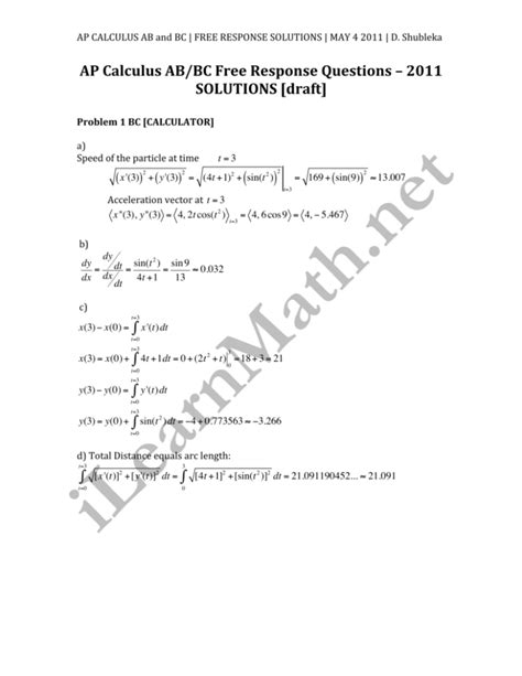 Overview of the 2011 AP Calculus AB Free-Response Questions