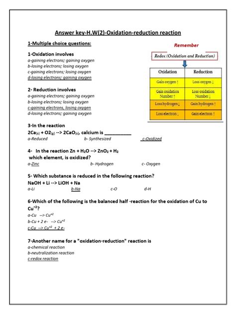 Oxidation Reduction Reaction Pearson Answer Key Kindle Editon