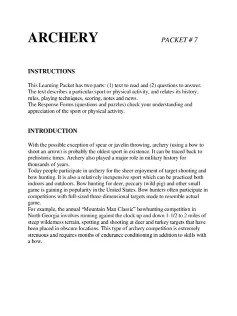 PHYSICAL EDUCATION LEARNING PACKETS ARCHERY ANSWERS Ebook Kindle Editon