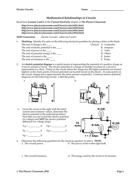 PHYSICS CLASSROOM MATHEMATICAL RELATIONSHIPS IN CIRCUITS ANSWERS Ebook Doc