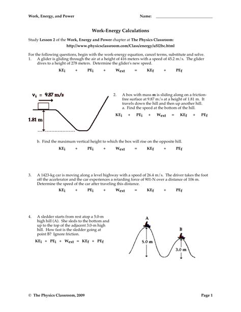 PHYSICS CLASSROOM WORK ENERGY CALCULATIONS ANSWER KEY Ebook Kindle Editon