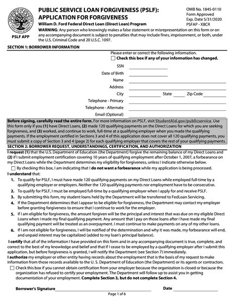 Screenshot of the PSLF application form with key fields highlighted