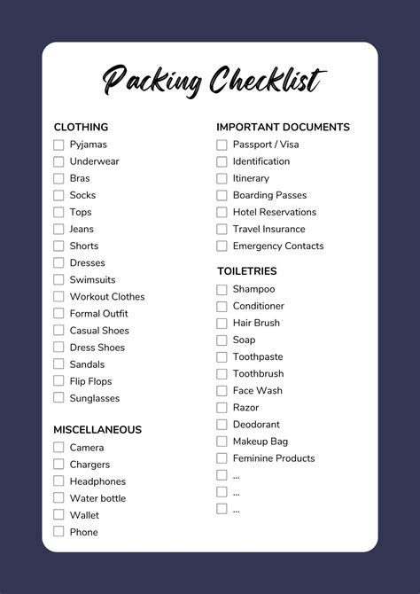 Packing List Template Travel