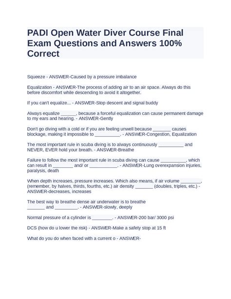 Padi Open Water Diver Course Final Exam Answers Doc