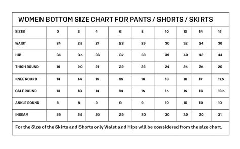 Pant Size Chart Womens
