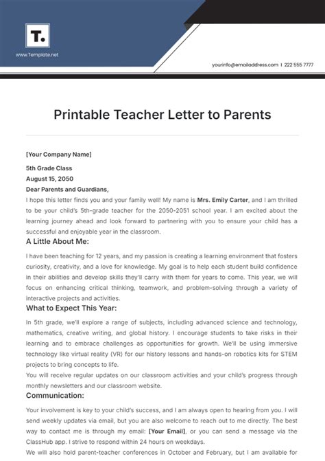Parent Letter Template For Teachers