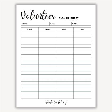 Parent Volunteer Sign Up Sheet Printable