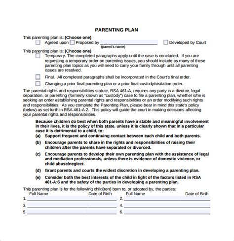 Parenting Plan Template Ohio