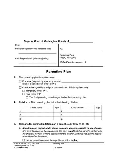 Parenting Plan Template Washington