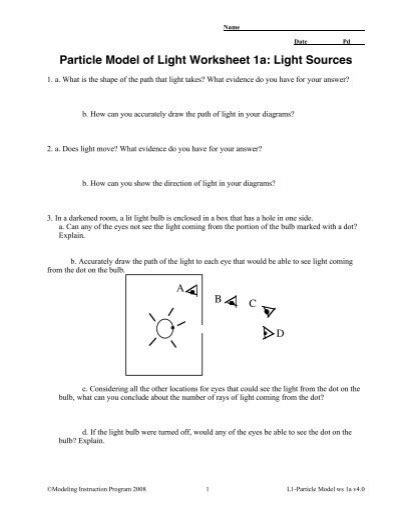 Particle Model Of Light Worksheet 1a Answers Doc