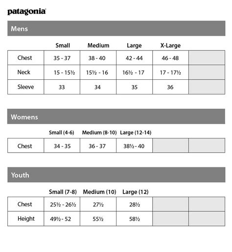 Patagonia Men's Size Chart