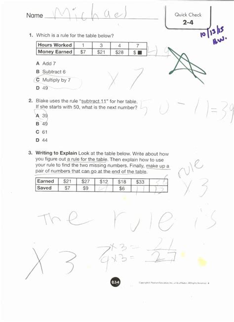 Pearson Education Topic 4 Math Answer Sheet Reader