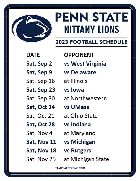 Penn State Football Printable Schedule