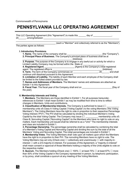 Pennsylvania Llc Operating Agreement Template