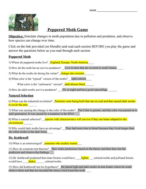 Peppered Moth Graphing Activity Answer Key Reader