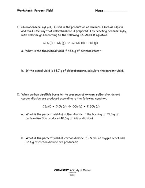 Percent Yield Calculations Worksheet Answers Reader