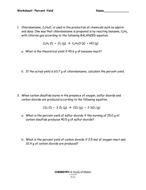 Percent Yield Worksheet Answer Key PDF