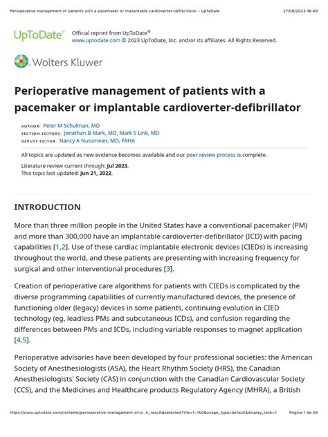 Perioperative Management of Pacemaker Patients Reader