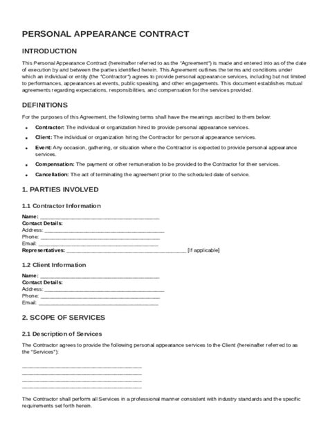 Personal Appearance Contract Template