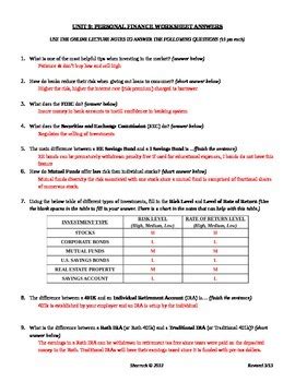 Personal Finance Student Activity Sheet Answer Key PDF