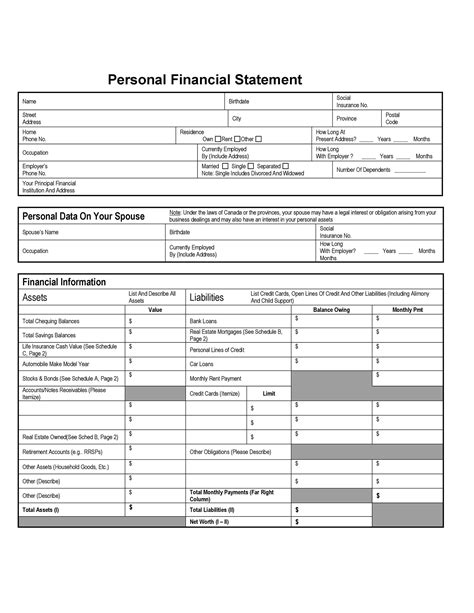 Personal Financial Statement Templates