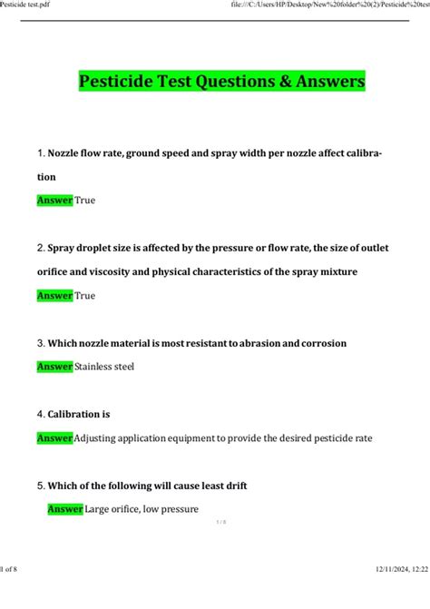 Pesticide Test Answers Epub