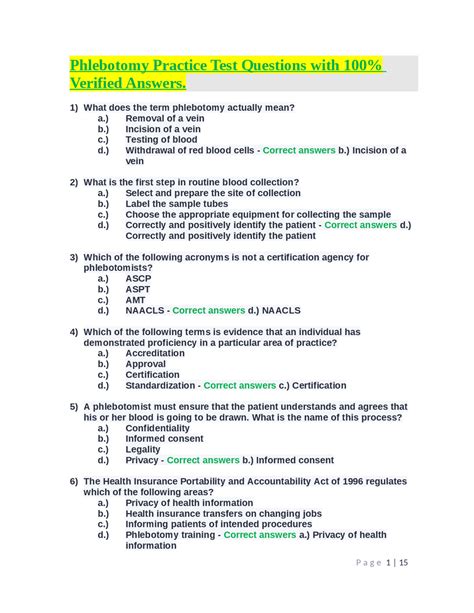 Phlebotomy Quizzes With Answer Sheet PDF