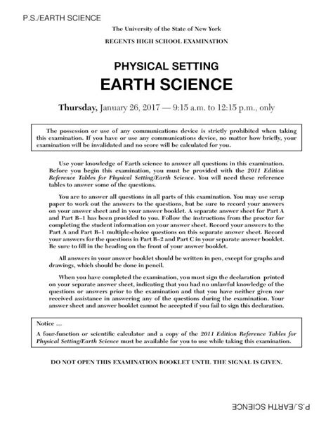 Physical Setting Earth Science January 2011 Answer Key PDF