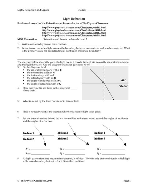 Physics Classroom Light Refraction And Lenses Answer Key PDF
