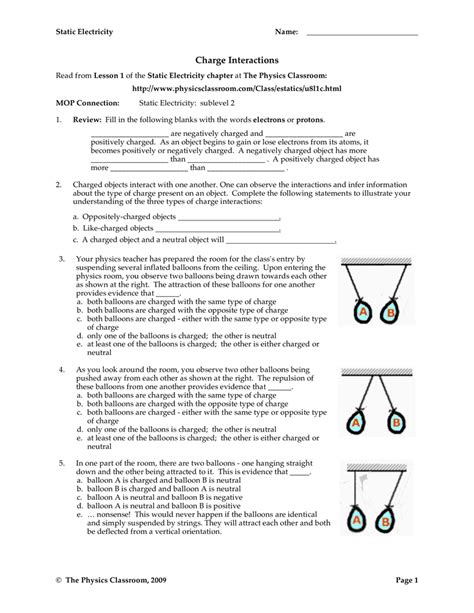 Physics Classroom Static Electricity Answers Doc