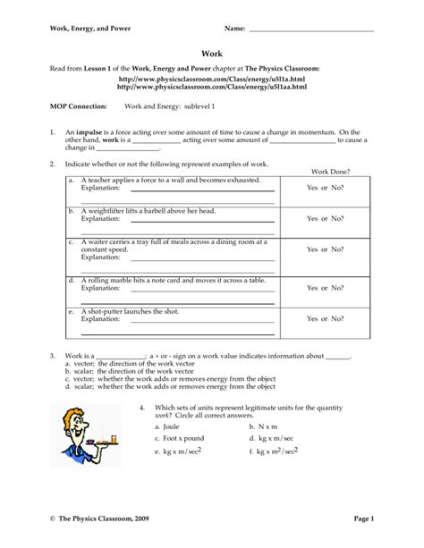 Physics Classroom Work Energy Power Answer Key Doc