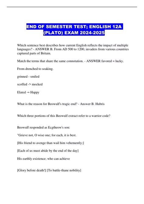 Plato English 12a Answer Key Exam Kindle Editon