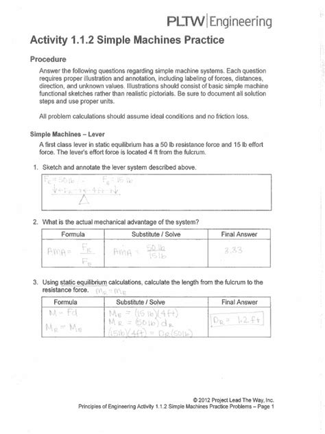 Pltw Activity 112 Simple Machines Answers PDF