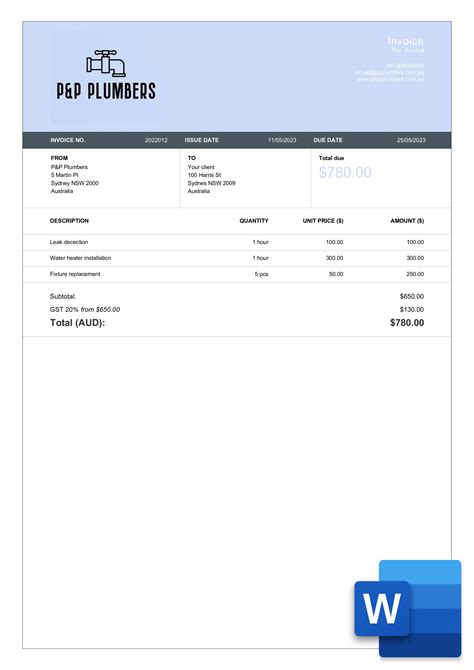 Plumber Invoice Template Word