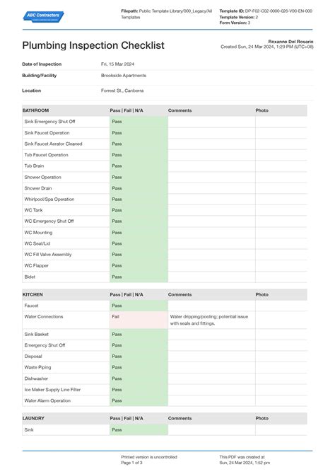 Plumbing Inspection Checklist Template