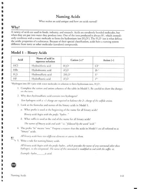 Pogil Naming Acids Worksheet Answers PDF