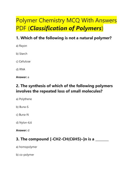 Polymer Chemistry Quizzes Questions And Answers Epub