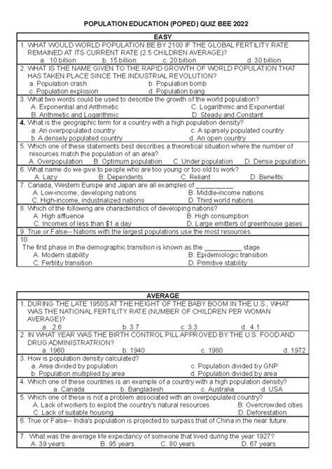 Population Education Quiz Bee Questions And Answers Doc