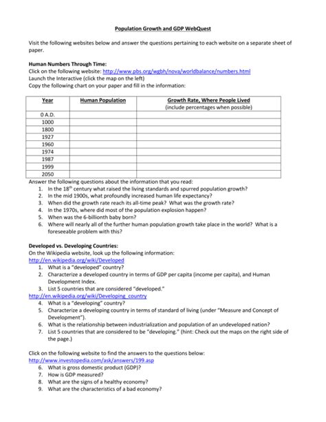 Population Growth And Gdp Webquest Answer Key Doc