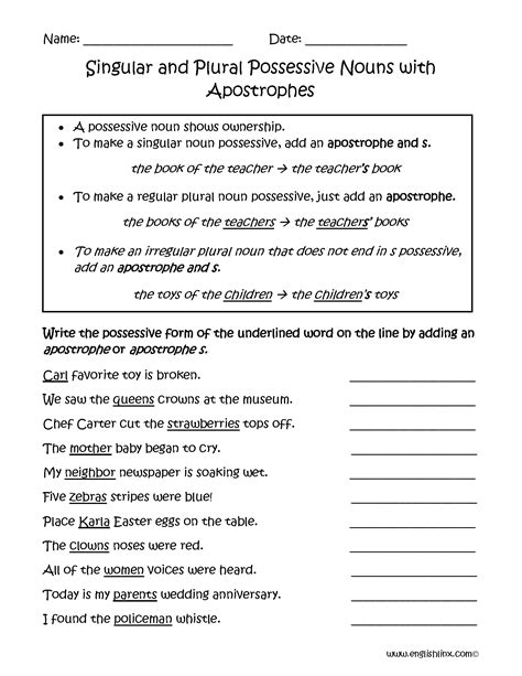 Possessive Noun Phrases Worksheet Answers PDF