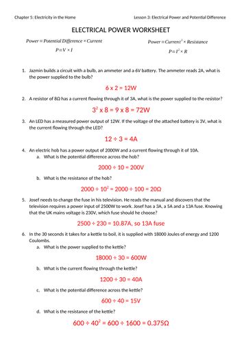 Power And Energy Calculations Answer Key PDF