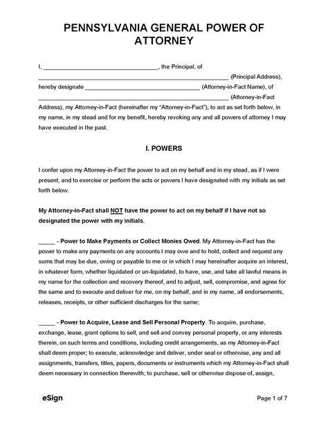 Power Of Attorney In Pa Template