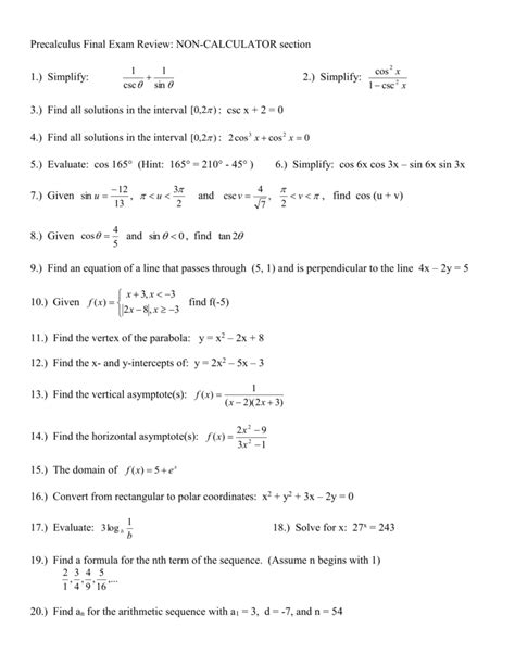 Pre Calc Final Exam Review Answers Reader