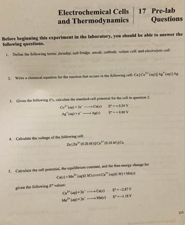 Pre Lab For Electrochemical Cells Answers Reader