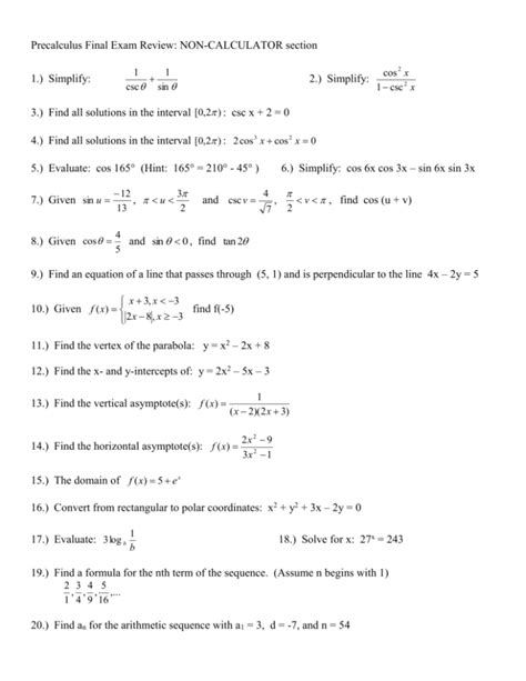 Precalculus Final Exam Review Answers Epub