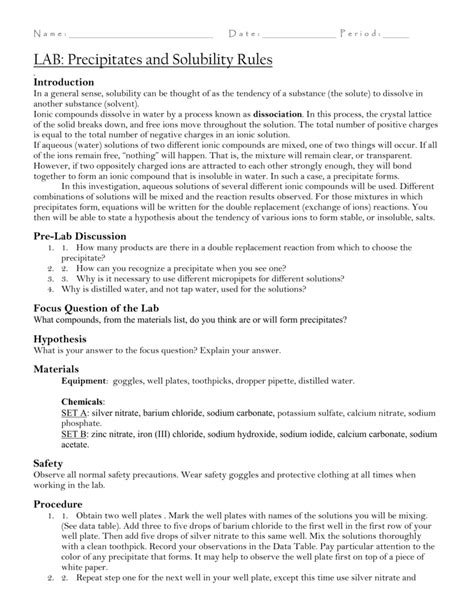 Precipitates And Solubility Rules Lab Answers Reader