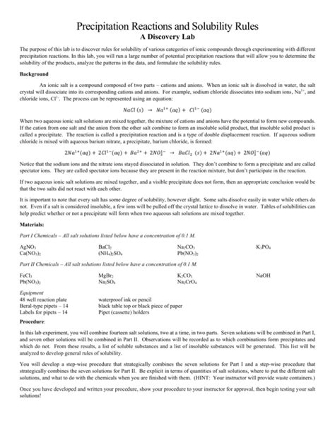 Precipitation Reaction Solubility Rules Lab Answers Reader