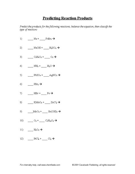 Predicting Reaction Products Answer Sheet Doc